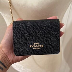 Coach Black Pebbled Leather Mini Wallet Bag with Gold Crossbody Chain
